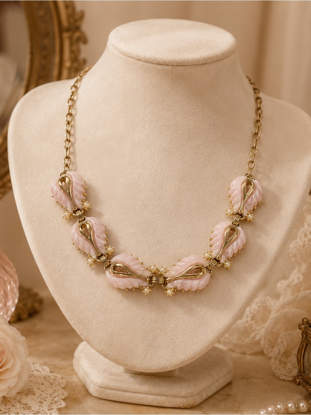 Vintage Pink Moonglow Lucite Necklace 1950s 60s Gold Tone Pearl Statement Piece.